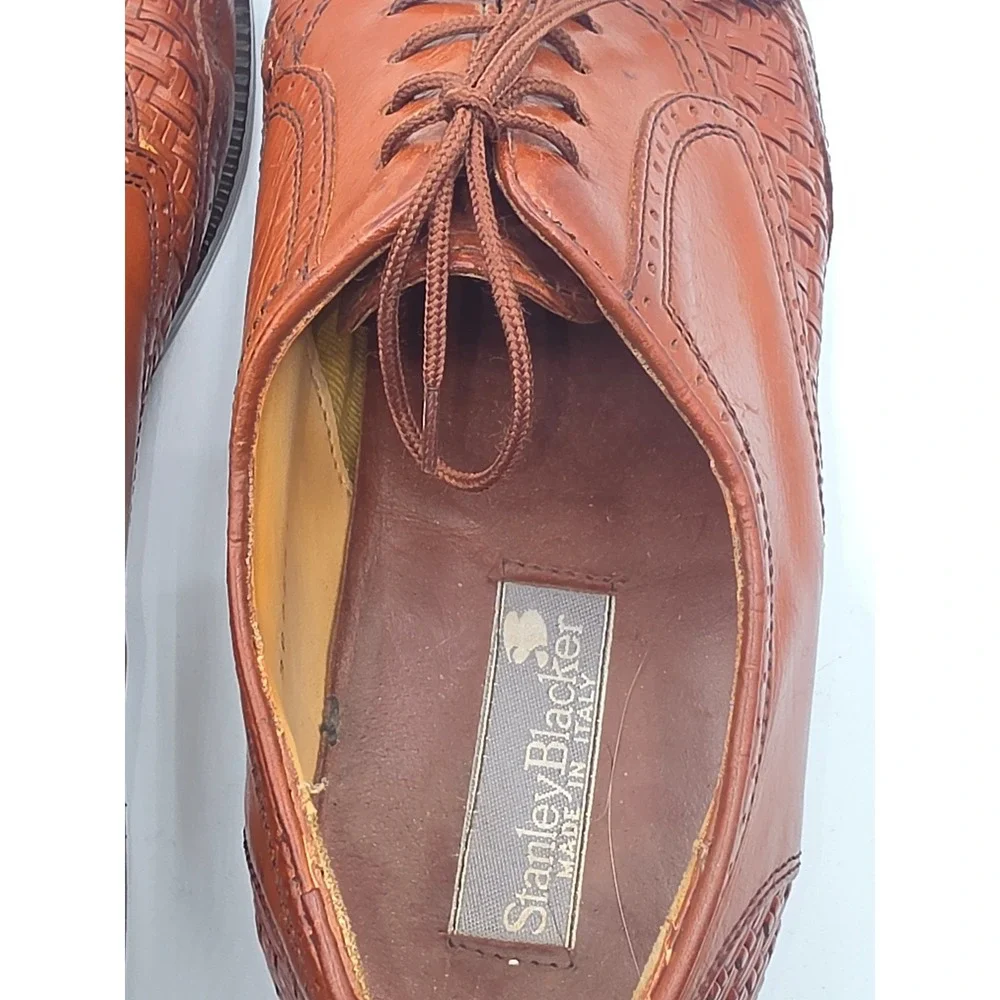 Stanley Blacker Mens 8 W Woven Leather Wingtip Oxford Shoes Tan Brown Italy